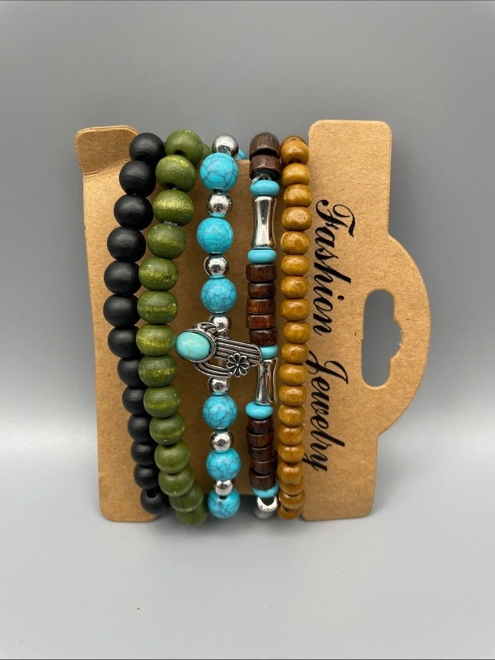 Boho Multi-Strand Beaded Bracelet Set — Turquoise, Olive & Wood